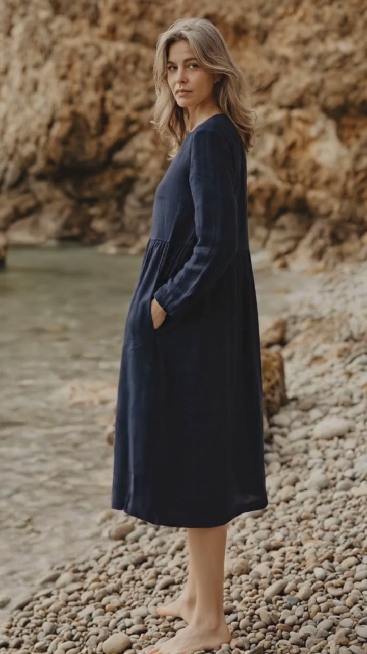 Navy Blue Linen Long Sleeve Midi Dress
