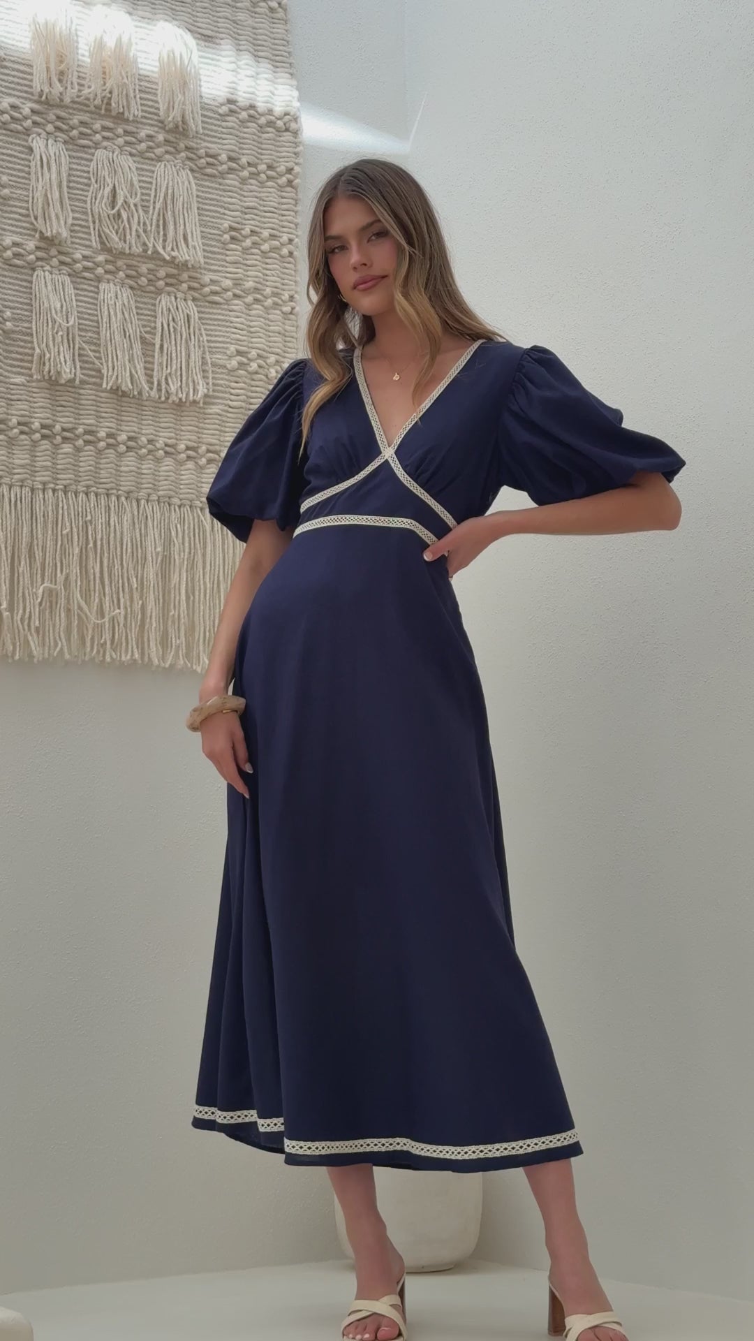 Navy Blue Linen Midi Dress with Lace Trim