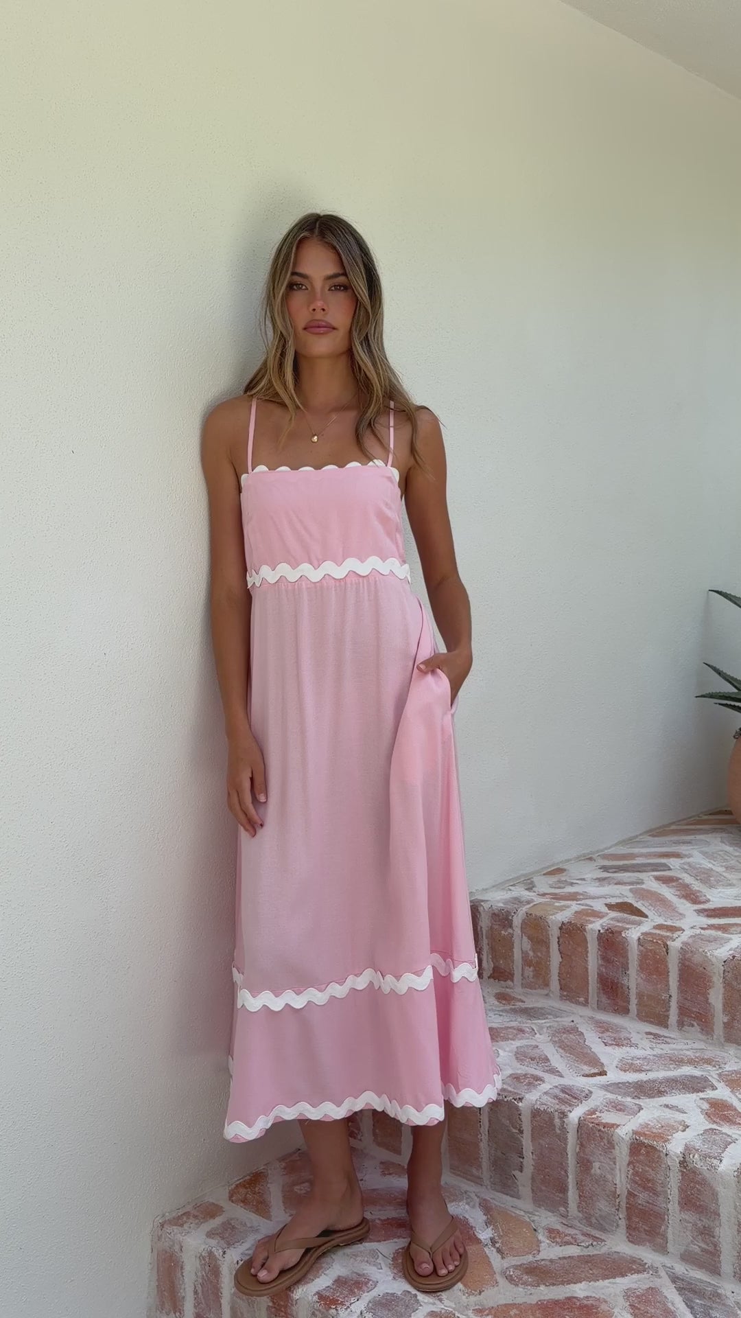Blush Pink Linen Midi Dress with Ric Rac Trim