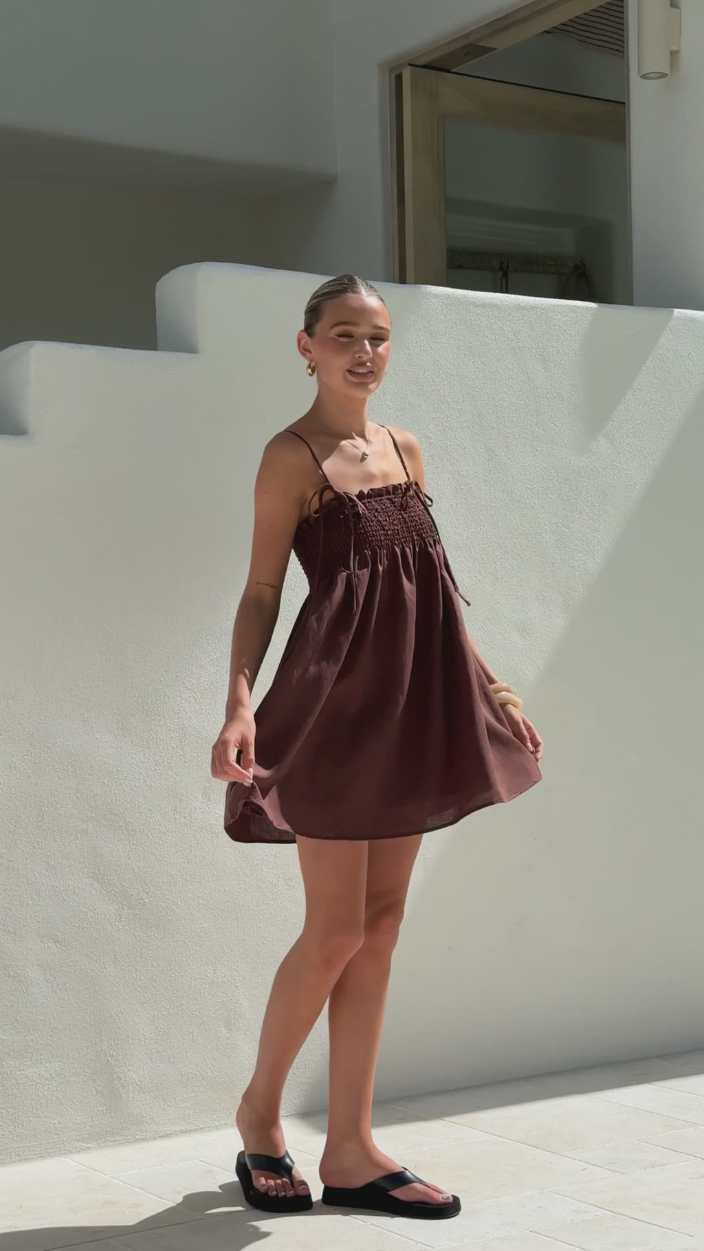 Chocolate Brown Smocked Linen Mini Dress