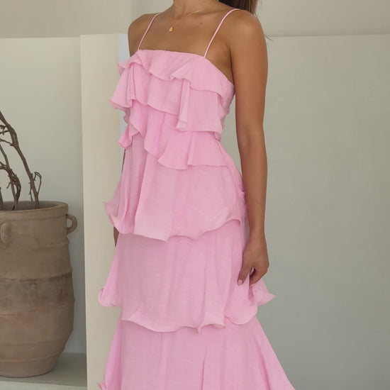 Pink crepe maxi dress with layered ruffles and spaghetti straps