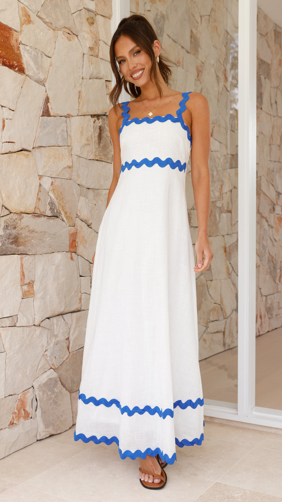 White Linen Dress with Royal Blue Zigzag Trim