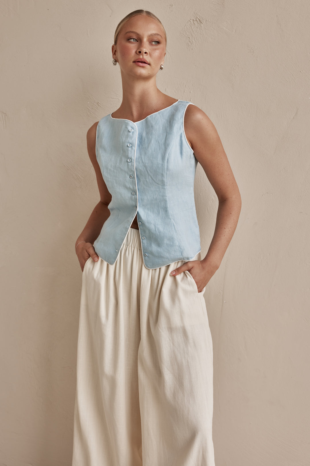 Linen Vest - Sky Blue Sleeveless for Women | Linen Vest Womens