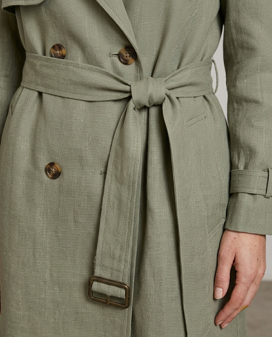 Sagebrush Linen Double-Breasted Trench Coat