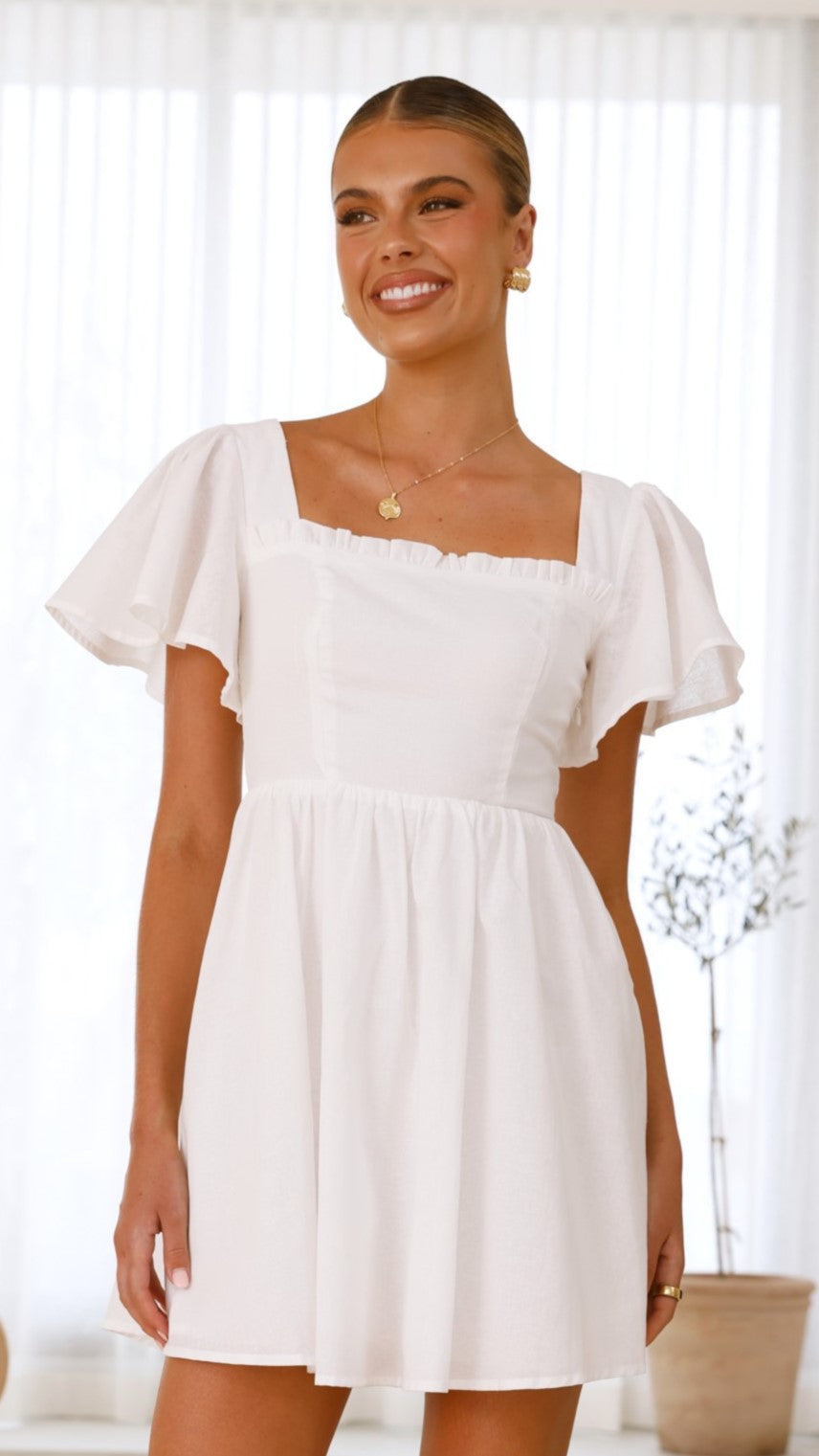 White linen mini dress with flutter sleeves, square neckline