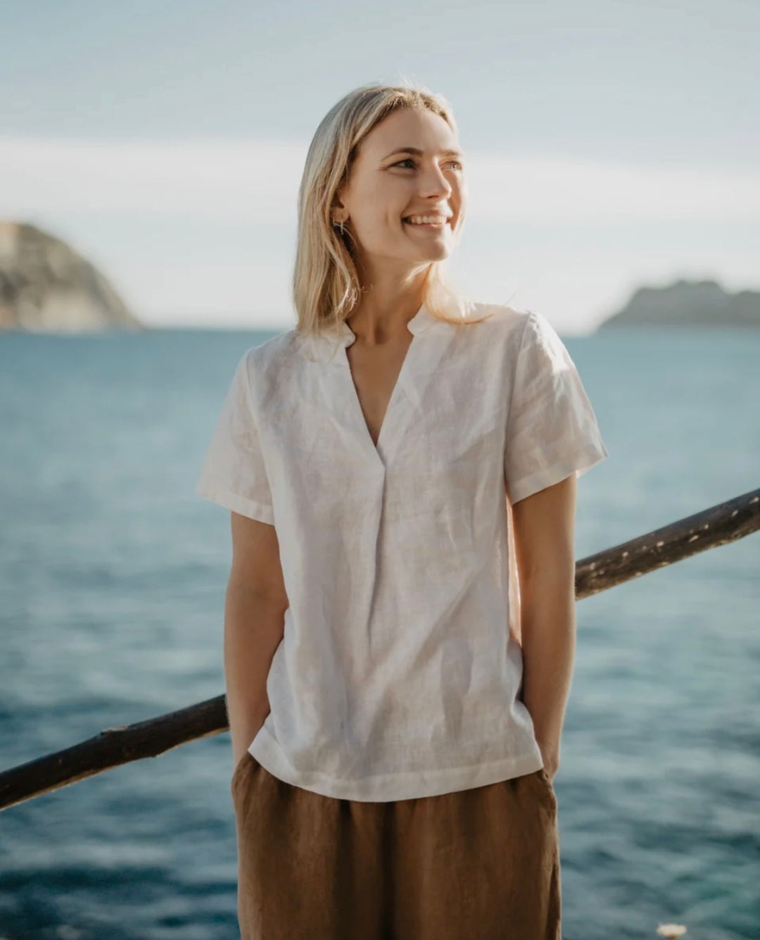 Linen Top – White V-Neck Linen Top for Women with Short Sleeves