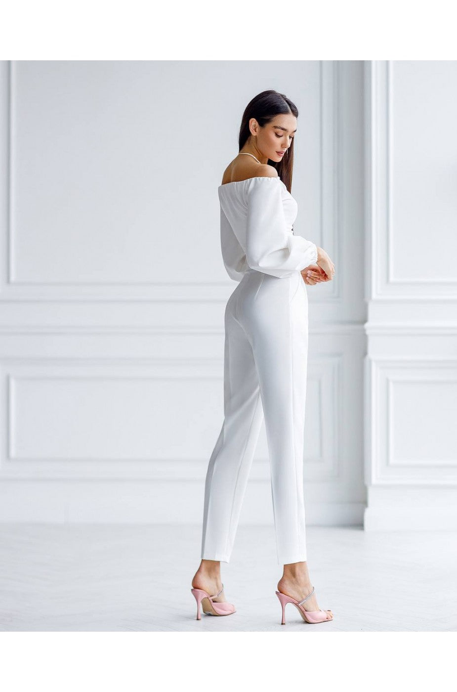 White off-shoulder crop top with puff sleeves for women