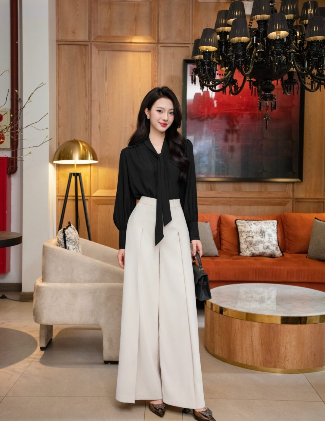 Soft Pleated Scarf Neck Blouse with Vintage Cuff Detail