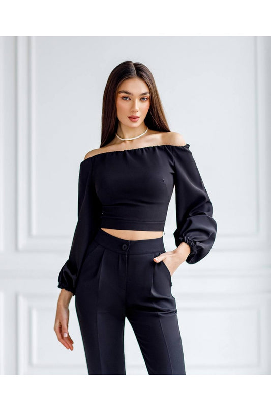 Black off-shoulder crop top with puff sleeves for women