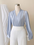 Long Sleeve Top with V-Neck and Gathered Details in Crepe Georgette