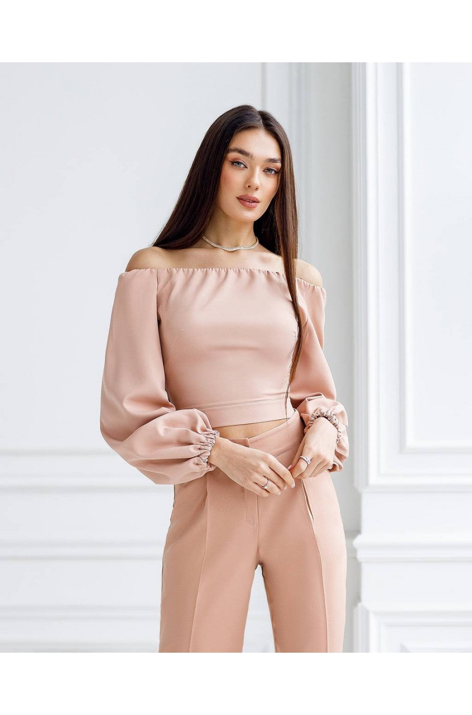 Peach off-shoulder crop top with puff sleeves for women