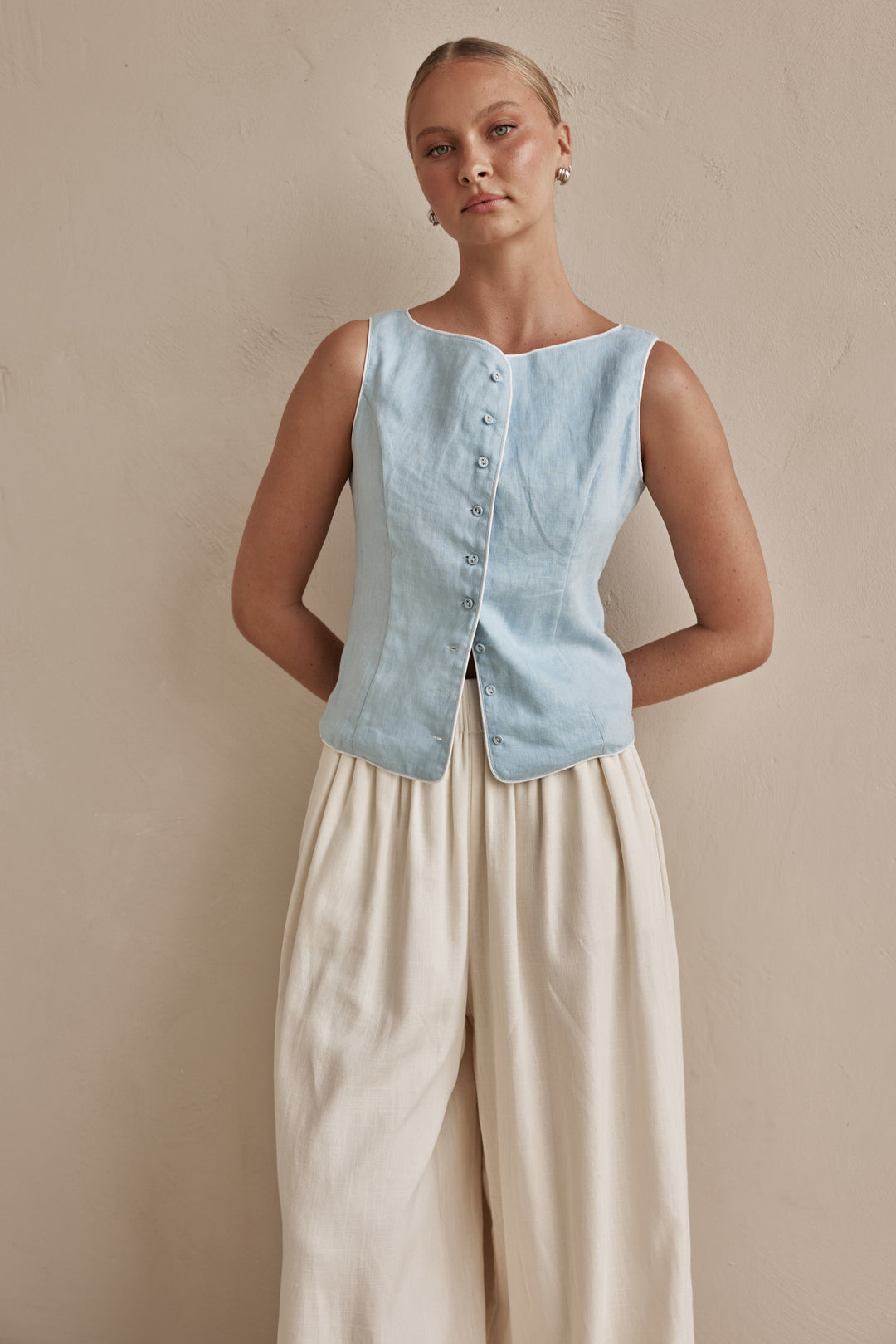 Linen Vest - Sky Blue Sleeveless for Women | Linen Vest Womens