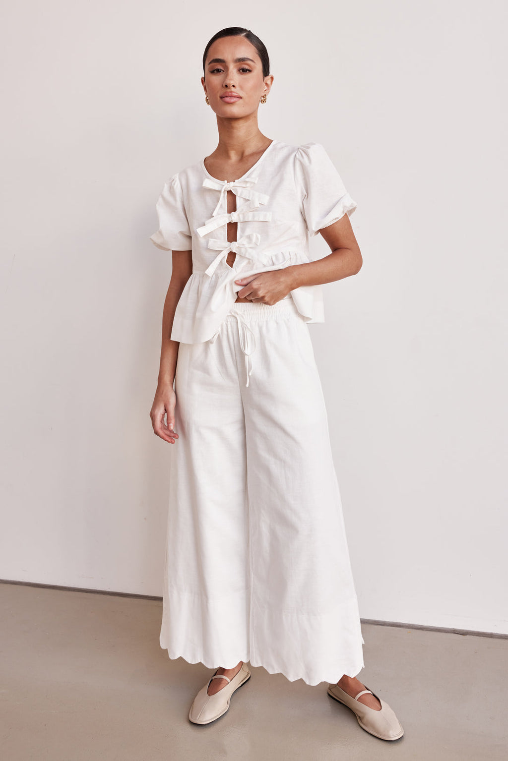 Co Ord Set - White Linen Two-Piece Peplum Top & Plazo for Women