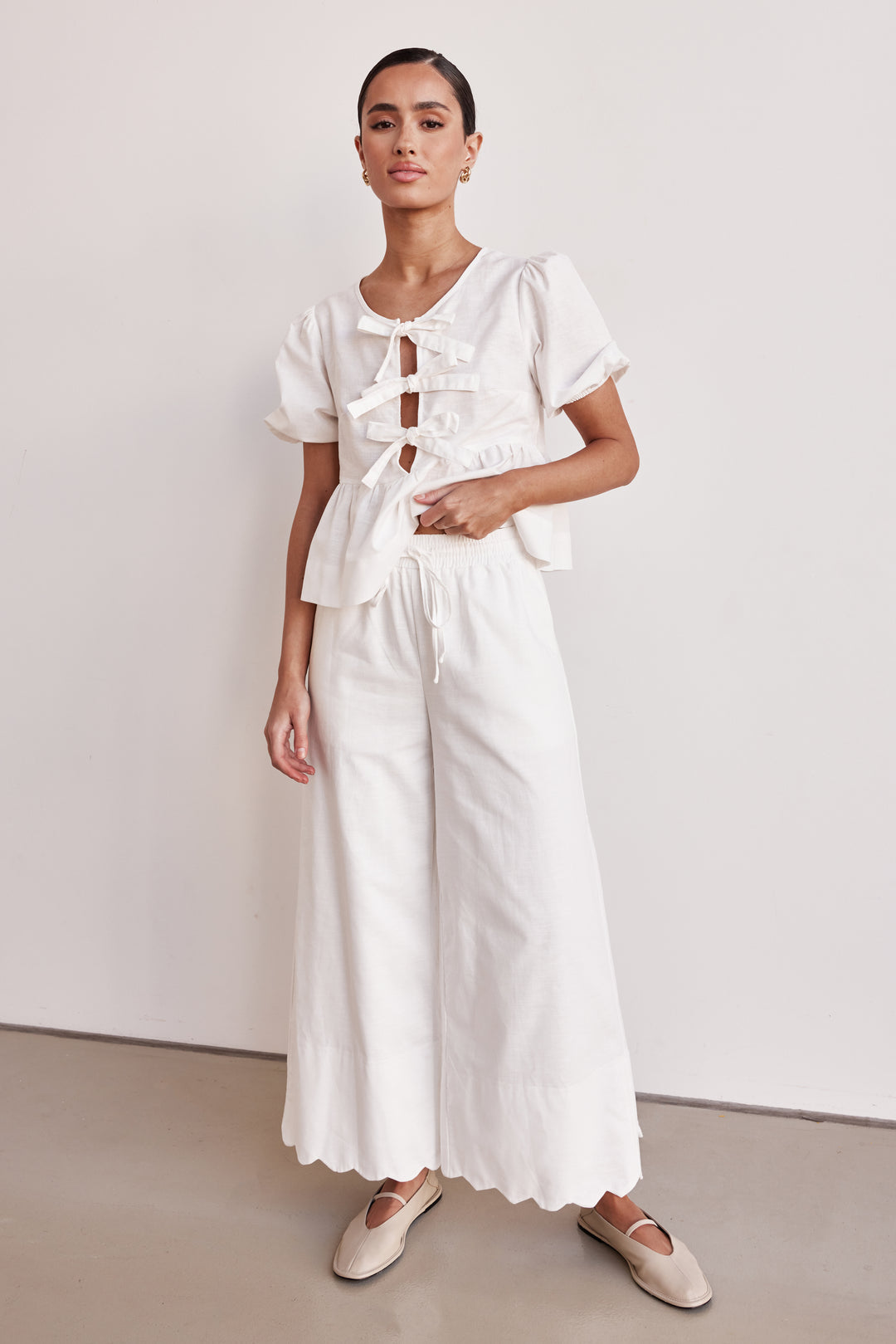 Co Ord Set - White Linen Two-Piece Peplum Top & Plazo for Women