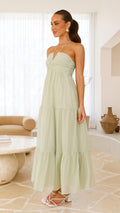 Sage green moss cotton maxi dress with halter neckline and tiered skirt