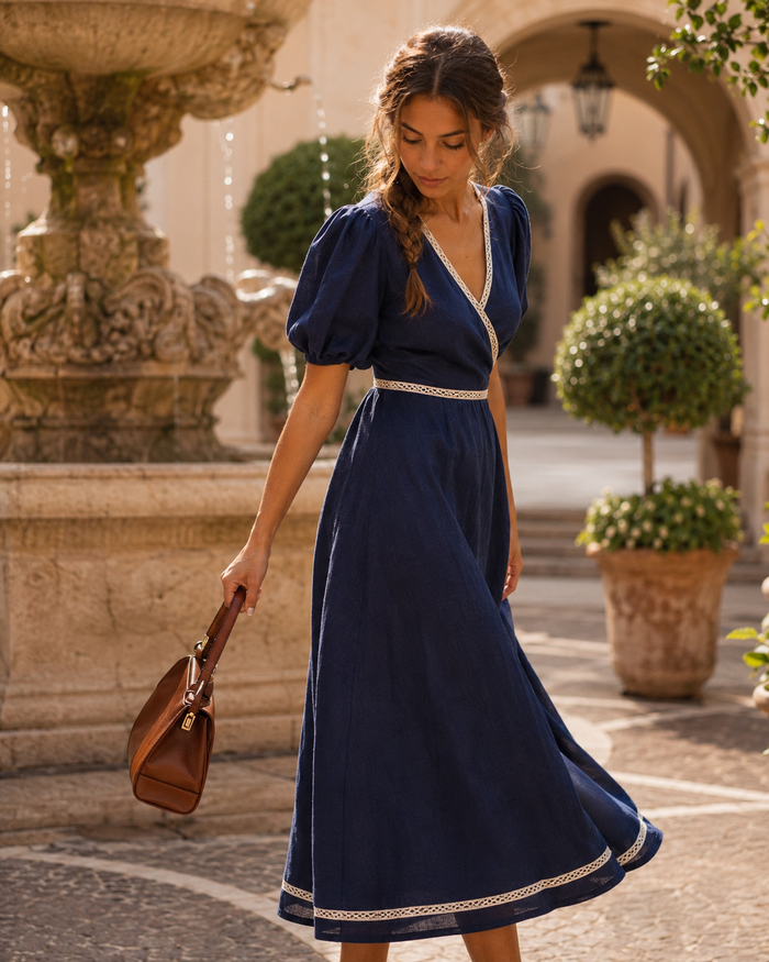 Ischia Linen Lace Trim Midi Dress lifestyle
