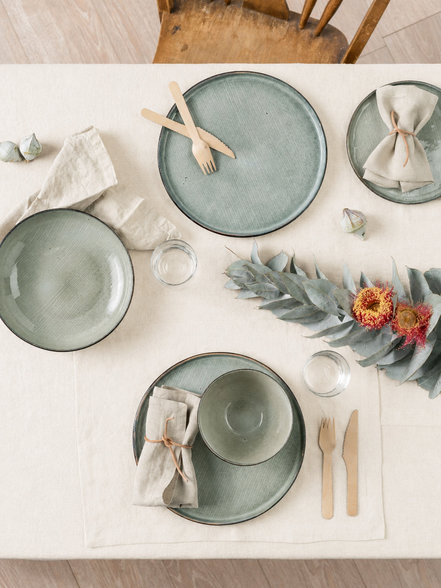 Ivory Linen Table Cloth styled for breakfast
