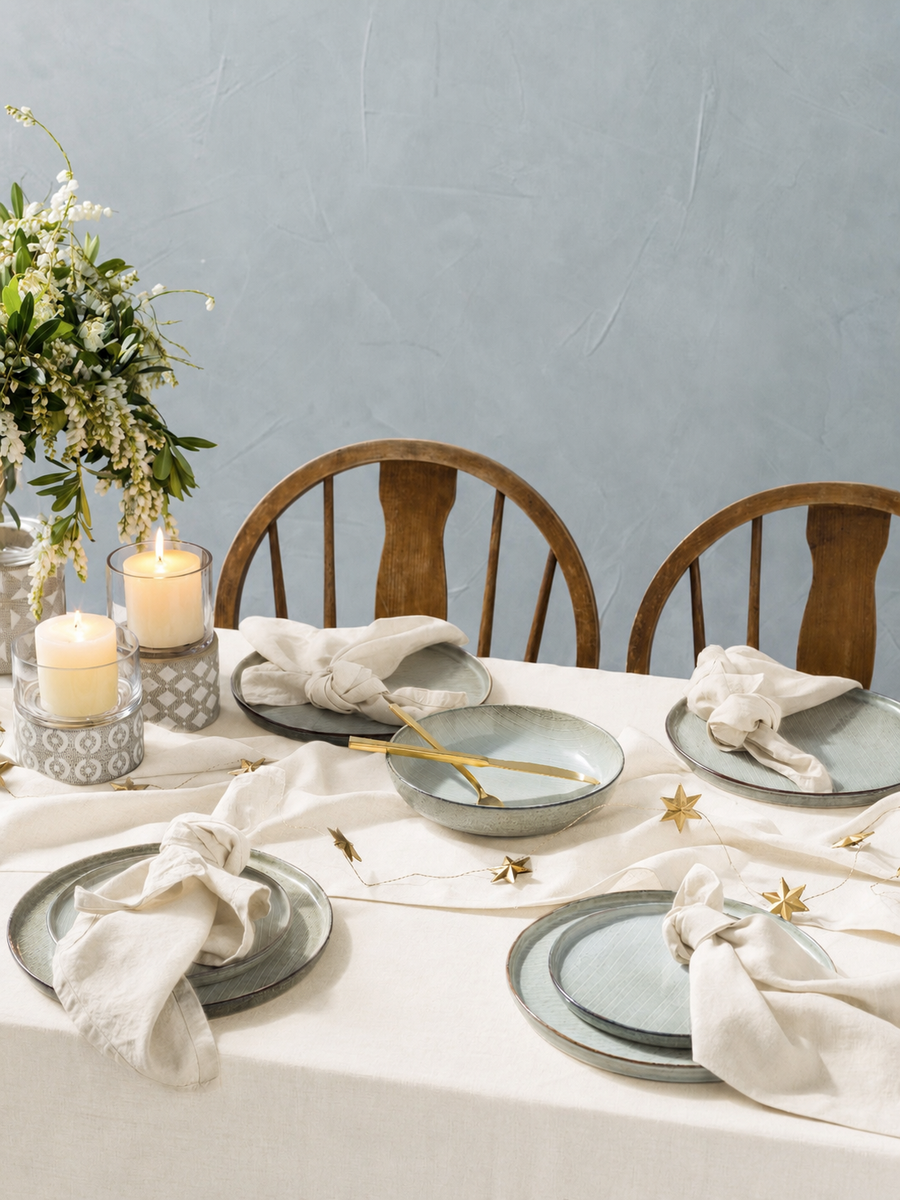 Ivory Linen Table Cloth styled for a quiet dinner
