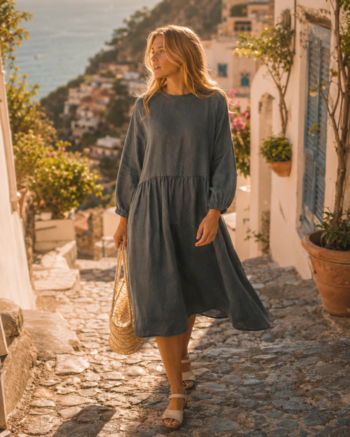 Matera Linen Long Sleeve Midi Dress lifestyle