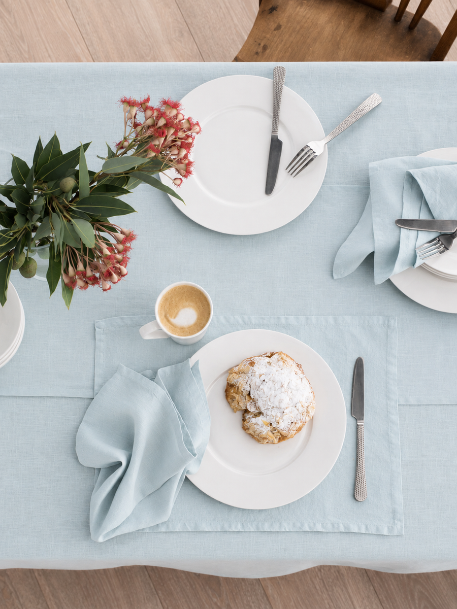 Powder Blue Linen Table Placemat Set styled for breakfast