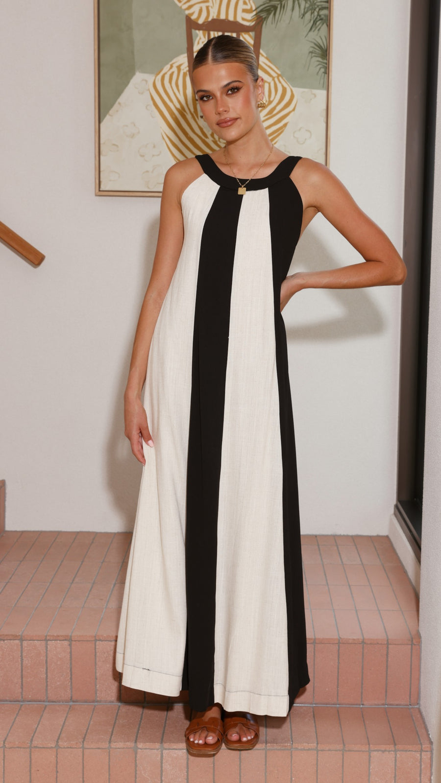 Black and white colorblock linen dress with gathered neckline and wide straps