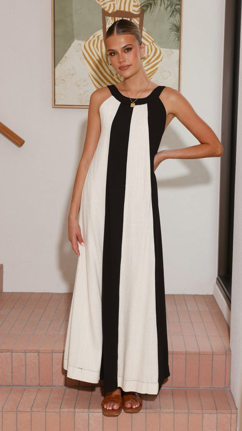 Black and white colorblock linen dress with gathered neckline and wide straps