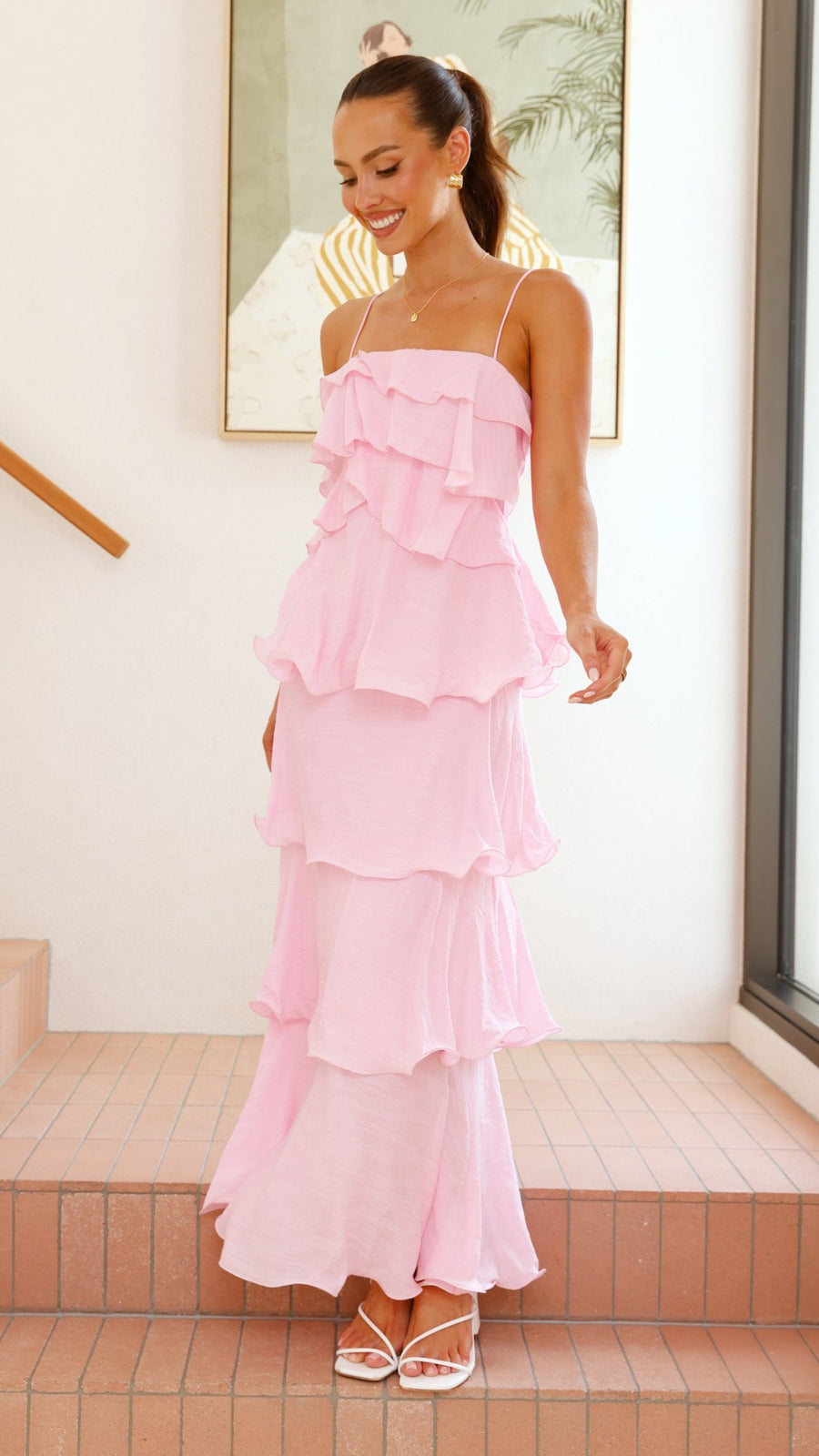 Pink crepe maxi dress with layered ruffles and spaghetti straps