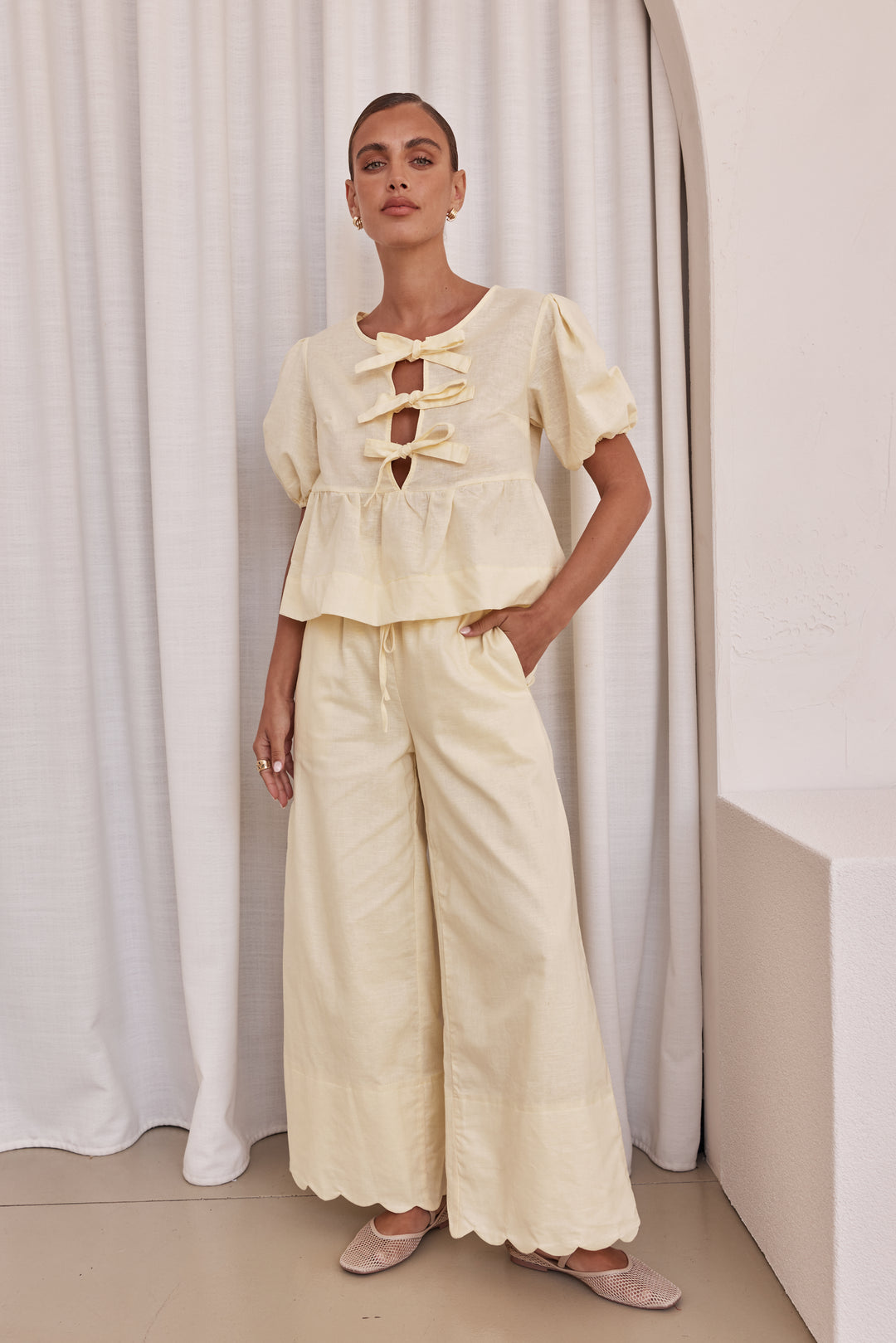 Butter Yellow Linen Bow Tie Front Top – Puff Sleeve Peplum Blouse