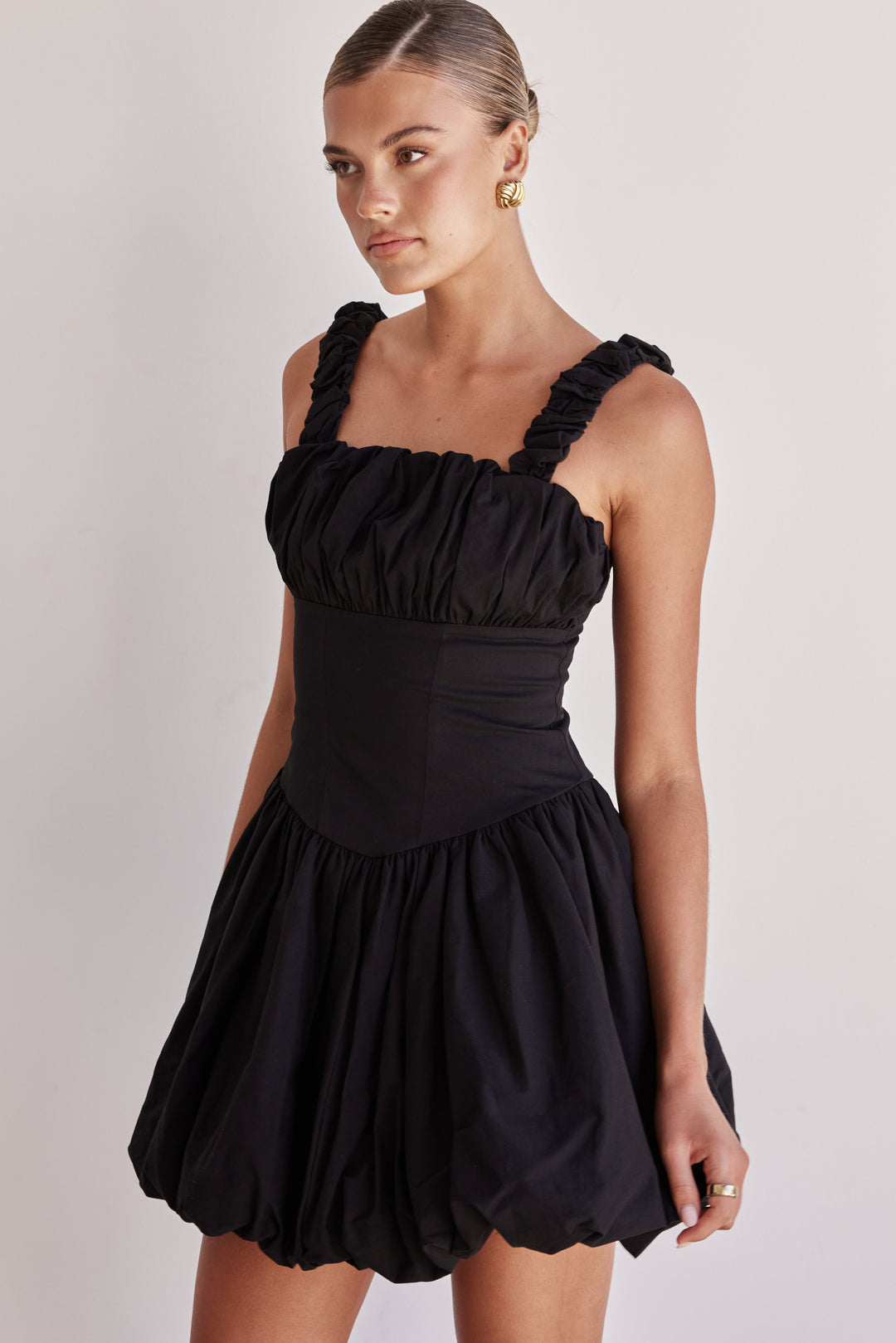 Black cotton poplin bubble mini dress with ruched straps