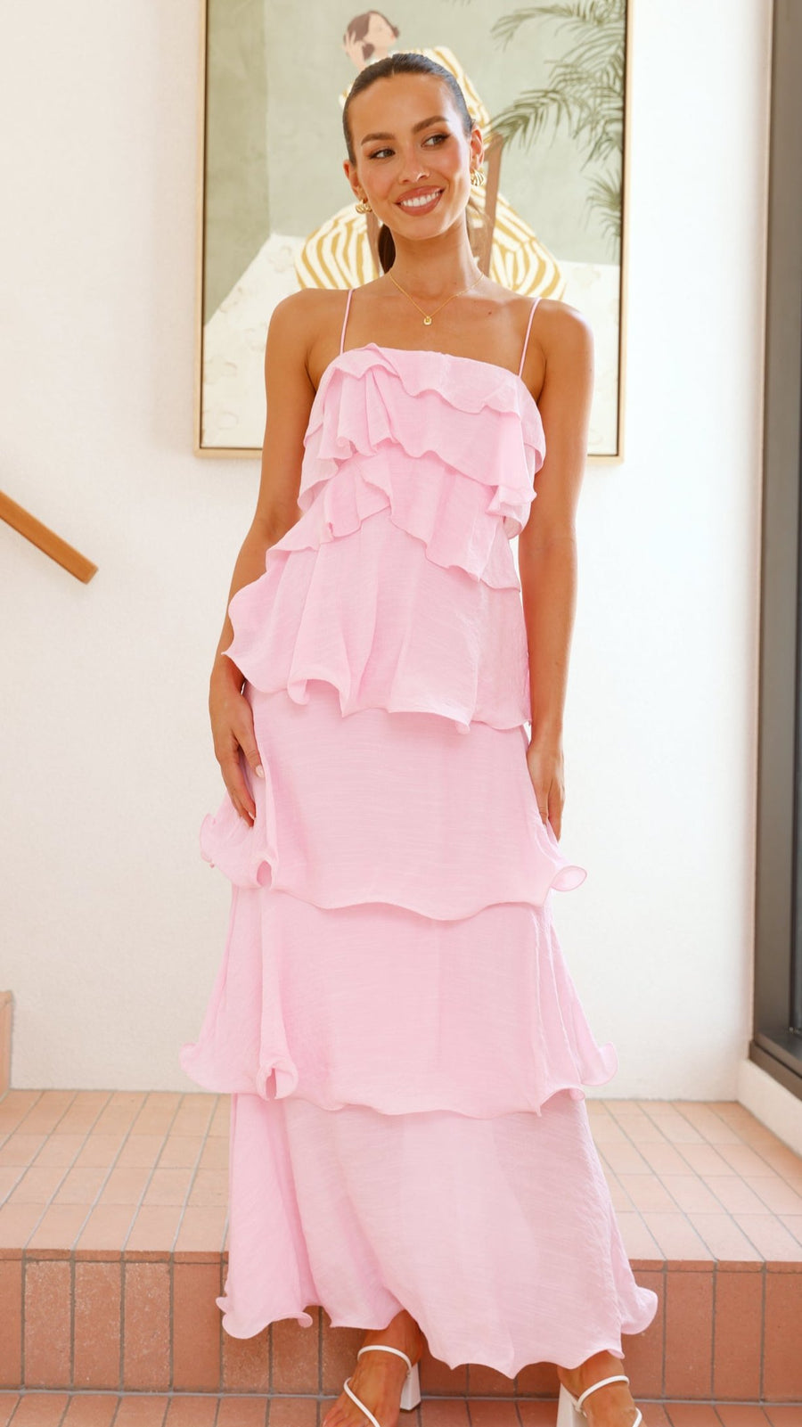 Pink crepe maxi dress with layered ruffles and spaghetti straps
