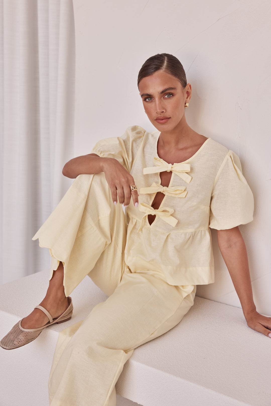 Co Ord Set - White Linen Two-Piece Peplum Top & Plazo for Women