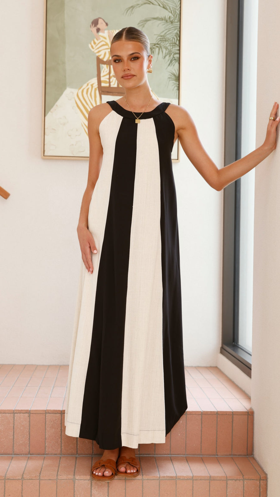 Black and white colorblock linen dress with gathered neckline and wide straps