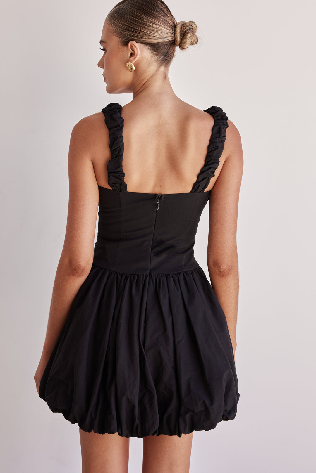Black cotton poplin bubble mini dress with ruched straps