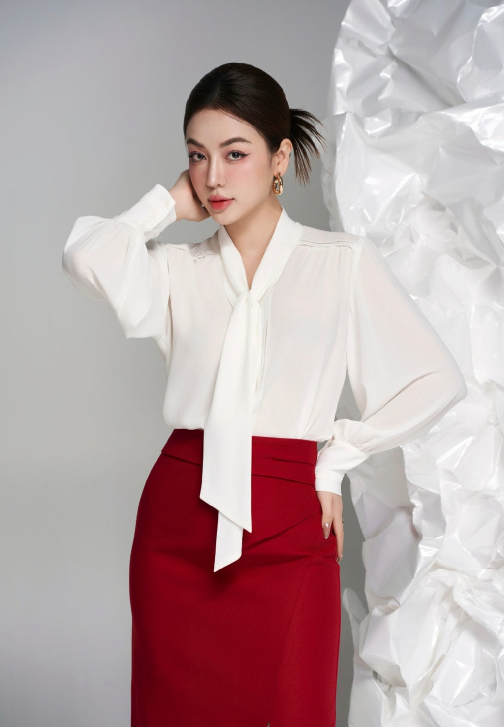 Soft Pleated Scarf Neck Blouse with Vintage Cuff Detail