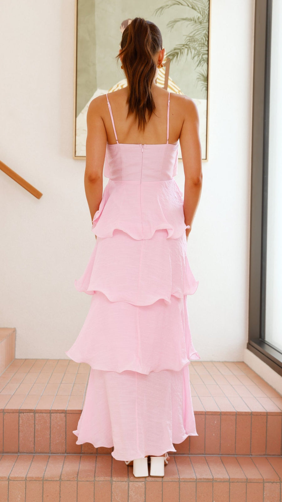 Pink crepe maxi dress with layered ruffles and spaghetti straps