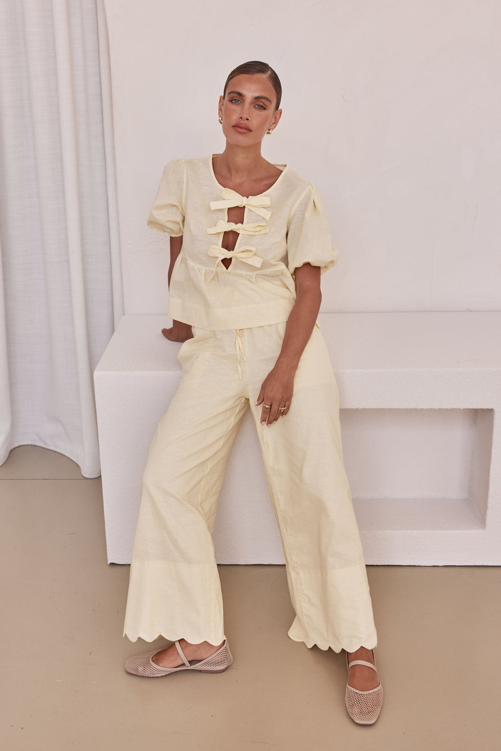 Co Ord Set - White Linen Two-Piece Peplum Top & Plazo for Women