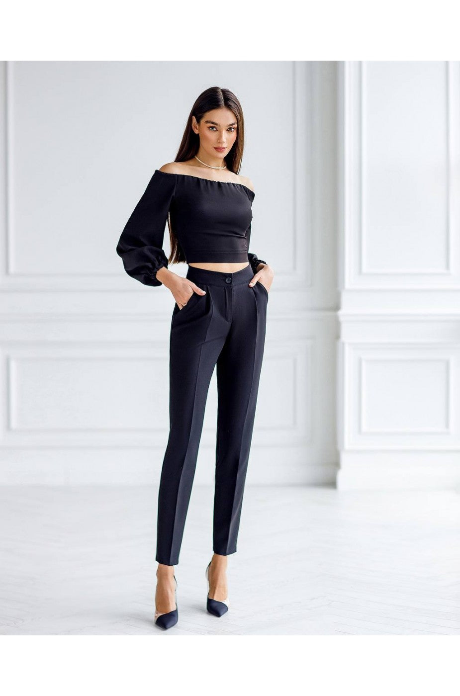 Black off-shoulder crop top with puff sleeves for women