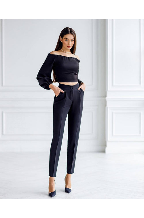Black off-shoulder crop top with puff sleeves for women