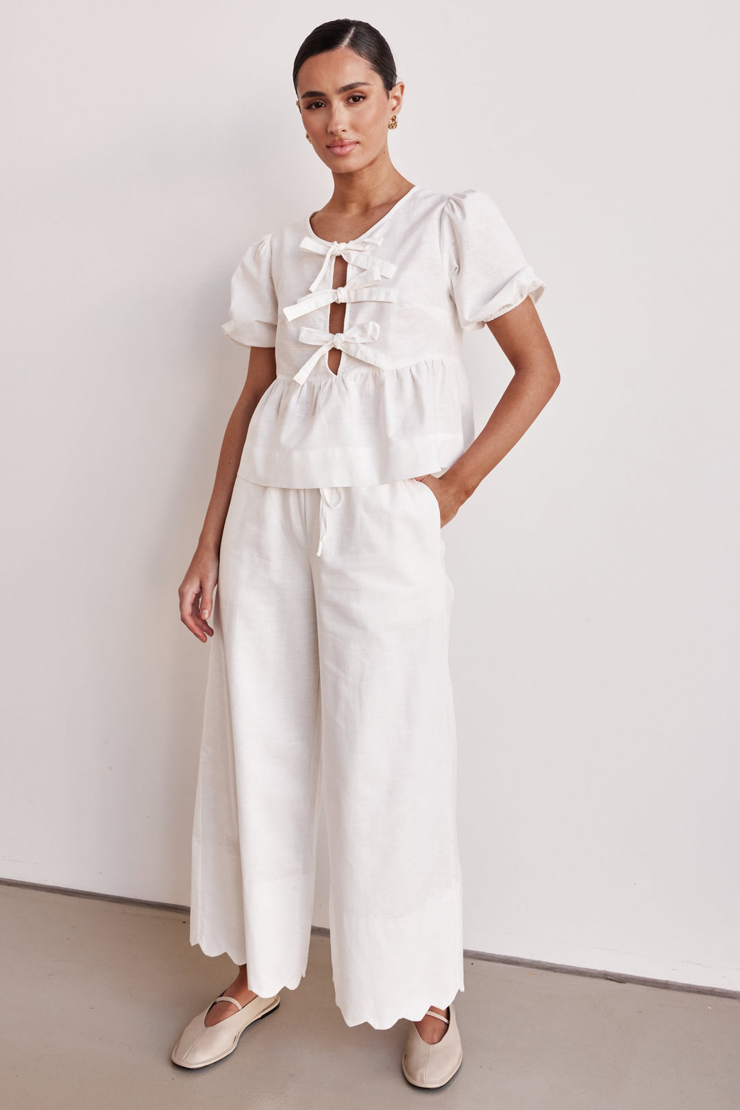 Co Ord Set - White Linen Two-Piece Peplum Top & Plazo for Women