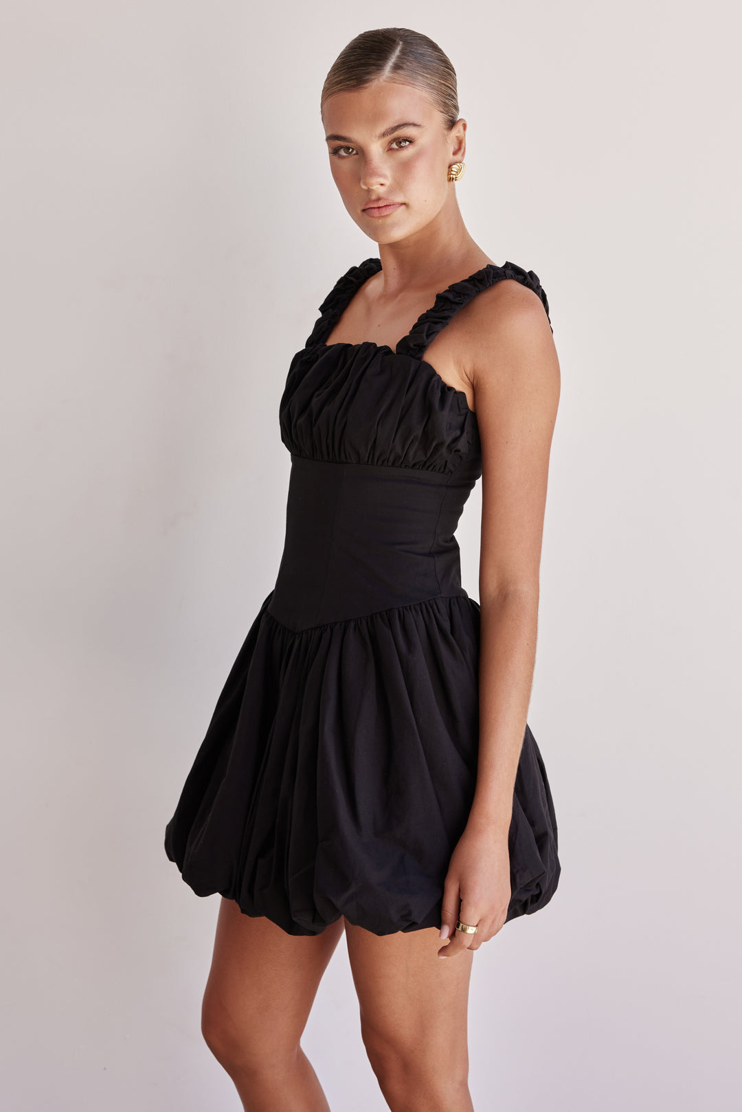 Black cotton poplin bubble mini dress with ruched straps