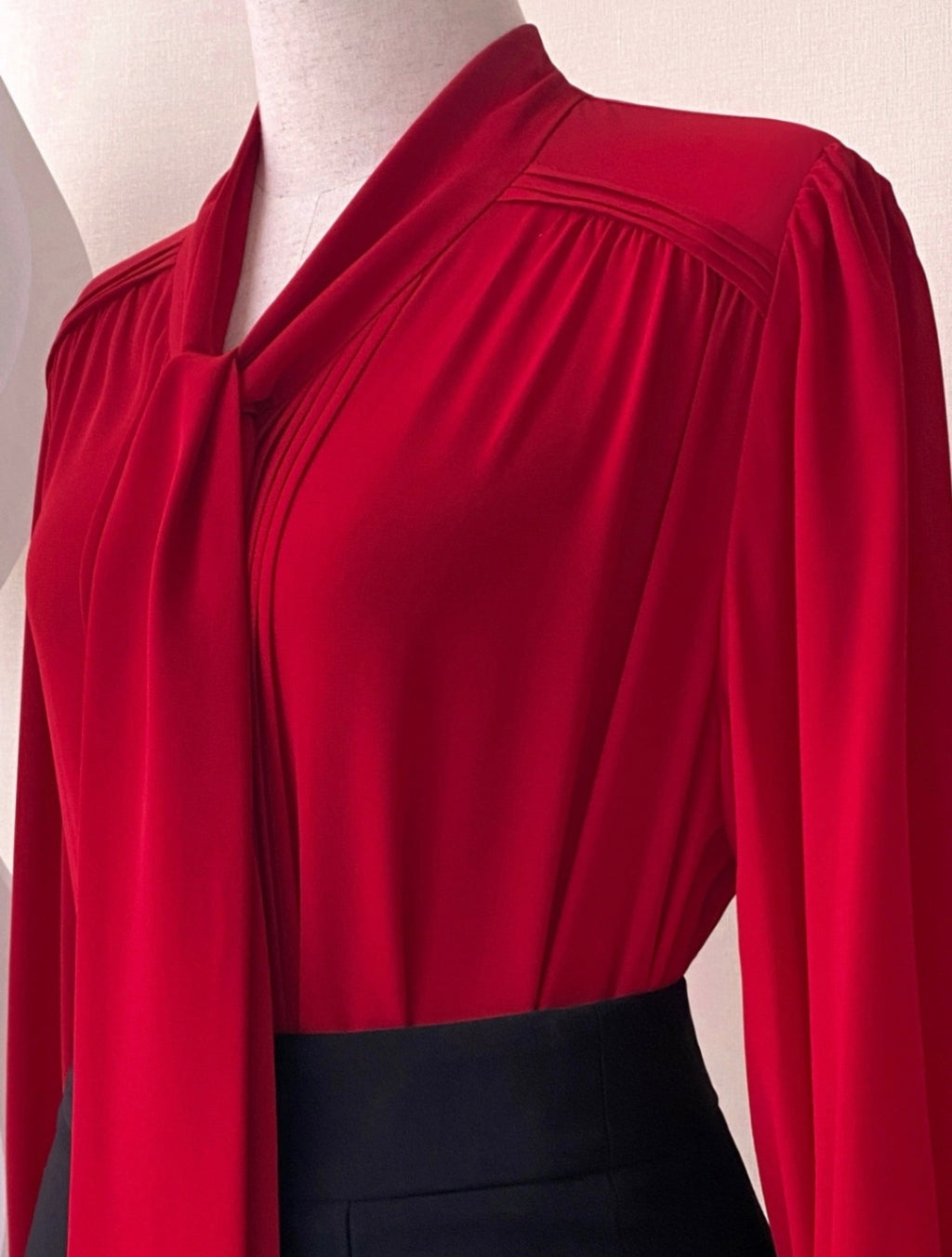 Soft Pleated Scarf Neck Blouse with Vintage Cuff Detail