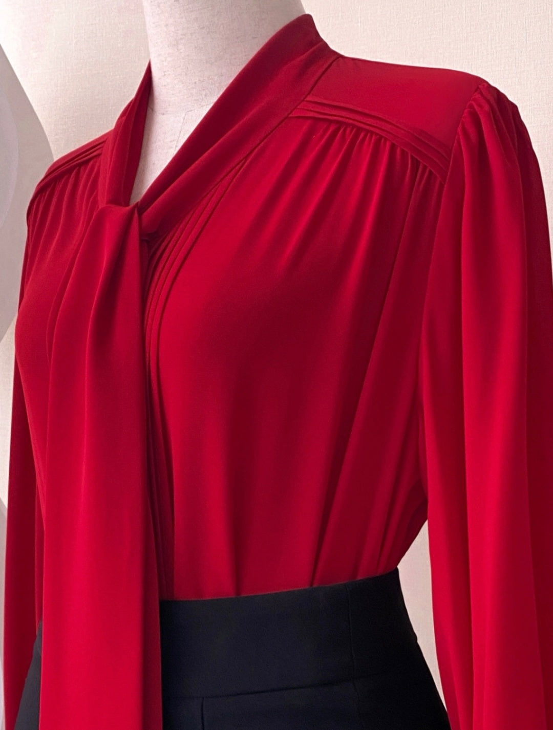Soft Pleated Scarf Neck Blouse with Vintage Cuff Detail