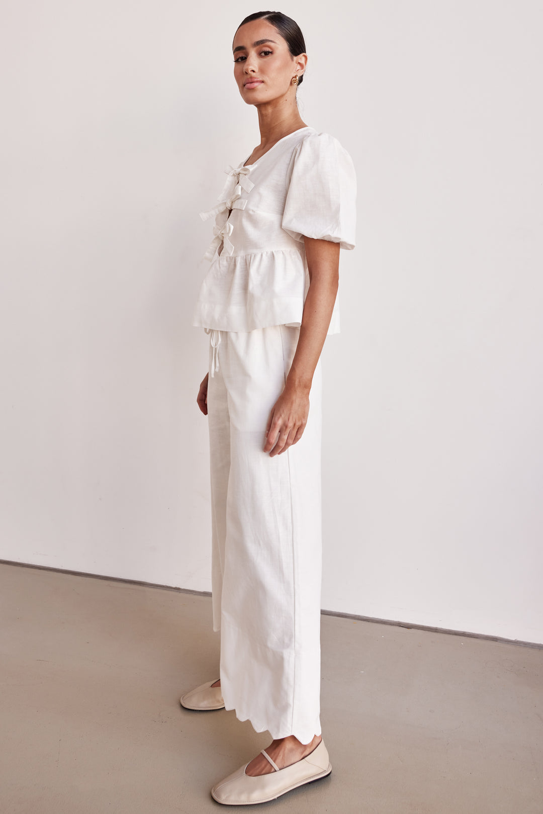 Co Ord Set - White Linen Two-Piece Peplum Top & Plazo for Women