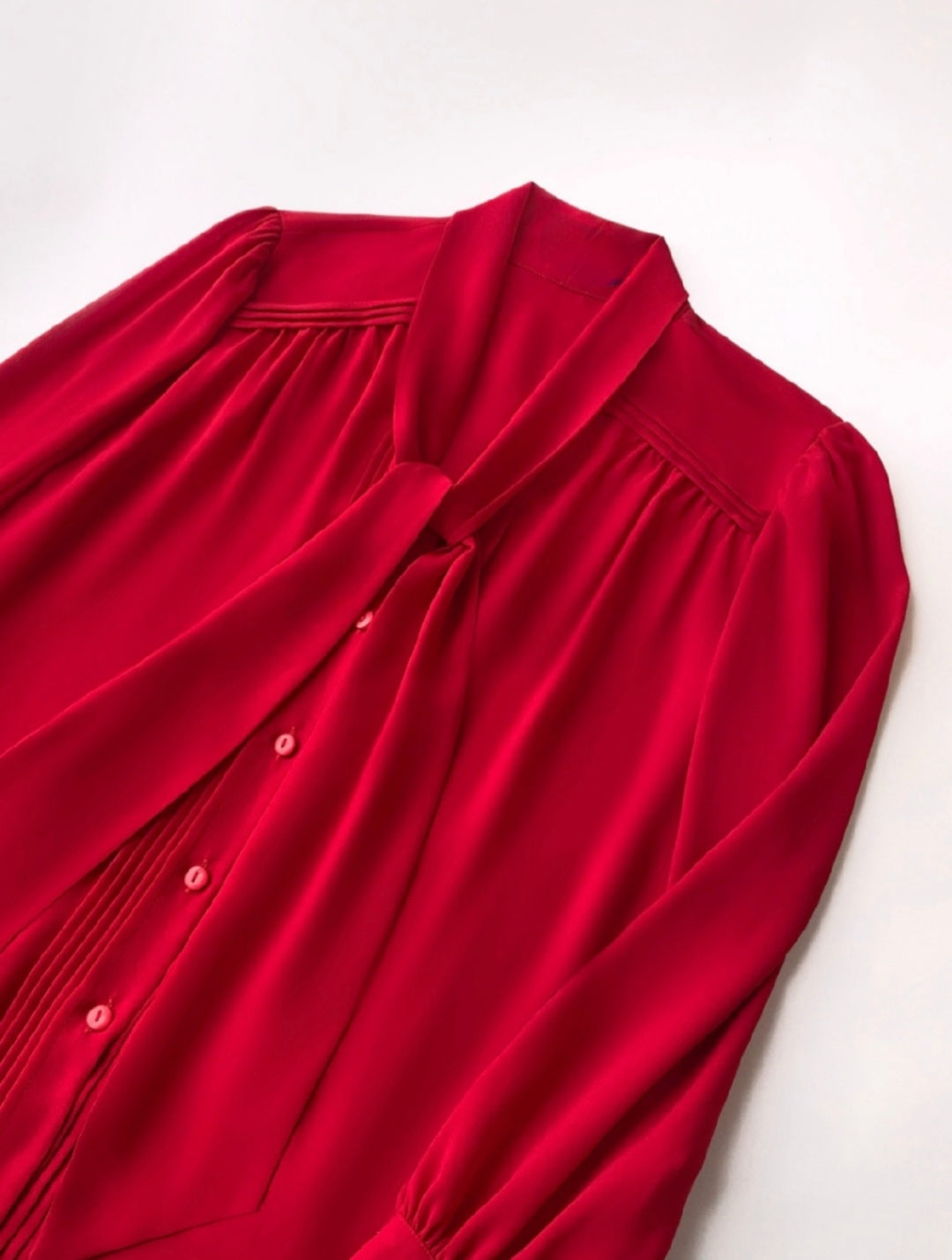 Soft Pleated Scarf Neck Blouse with Vintage Cuff Detail