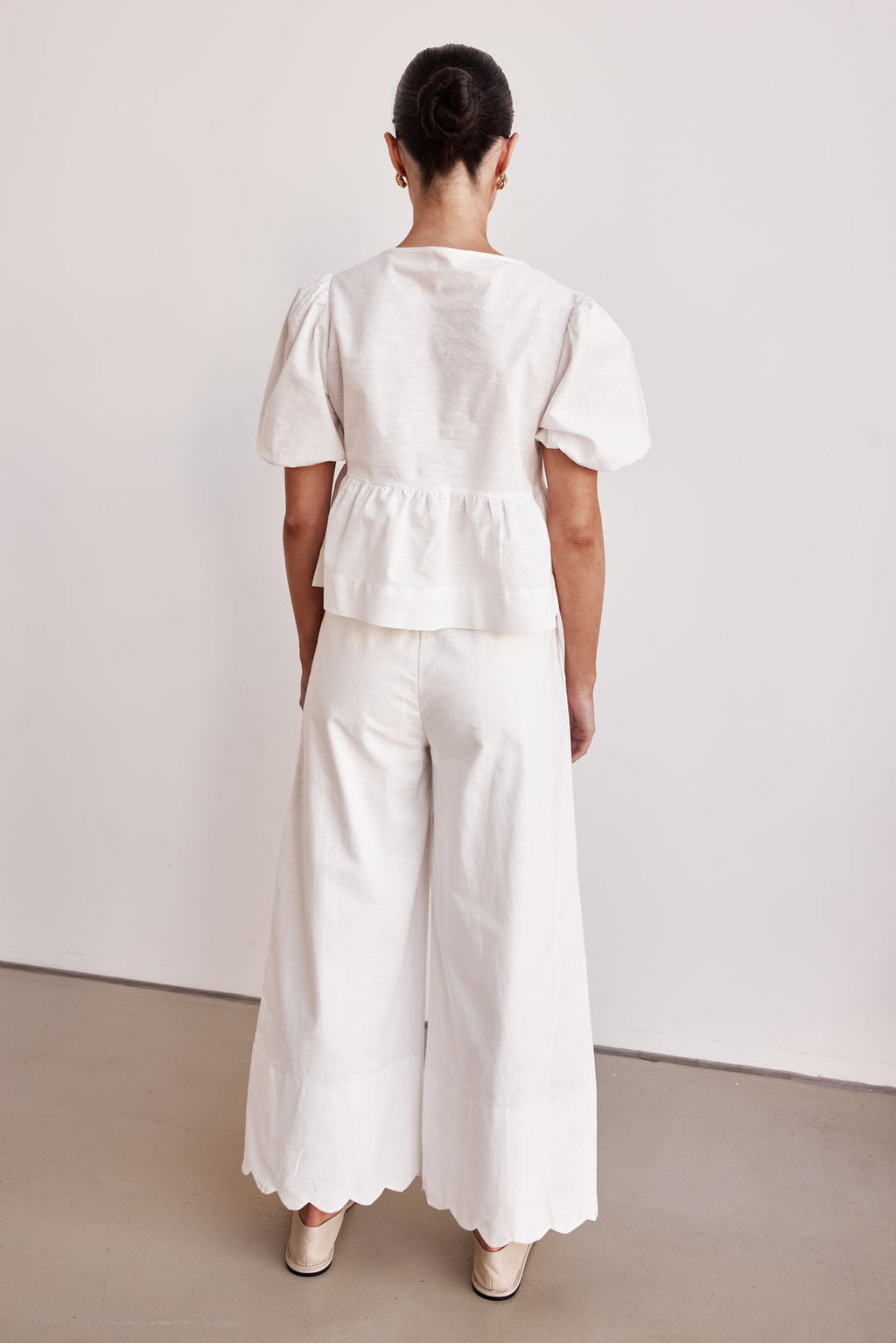 Co Ord Set - White Linen Two-Piece Peplum Top & Plazo for Women