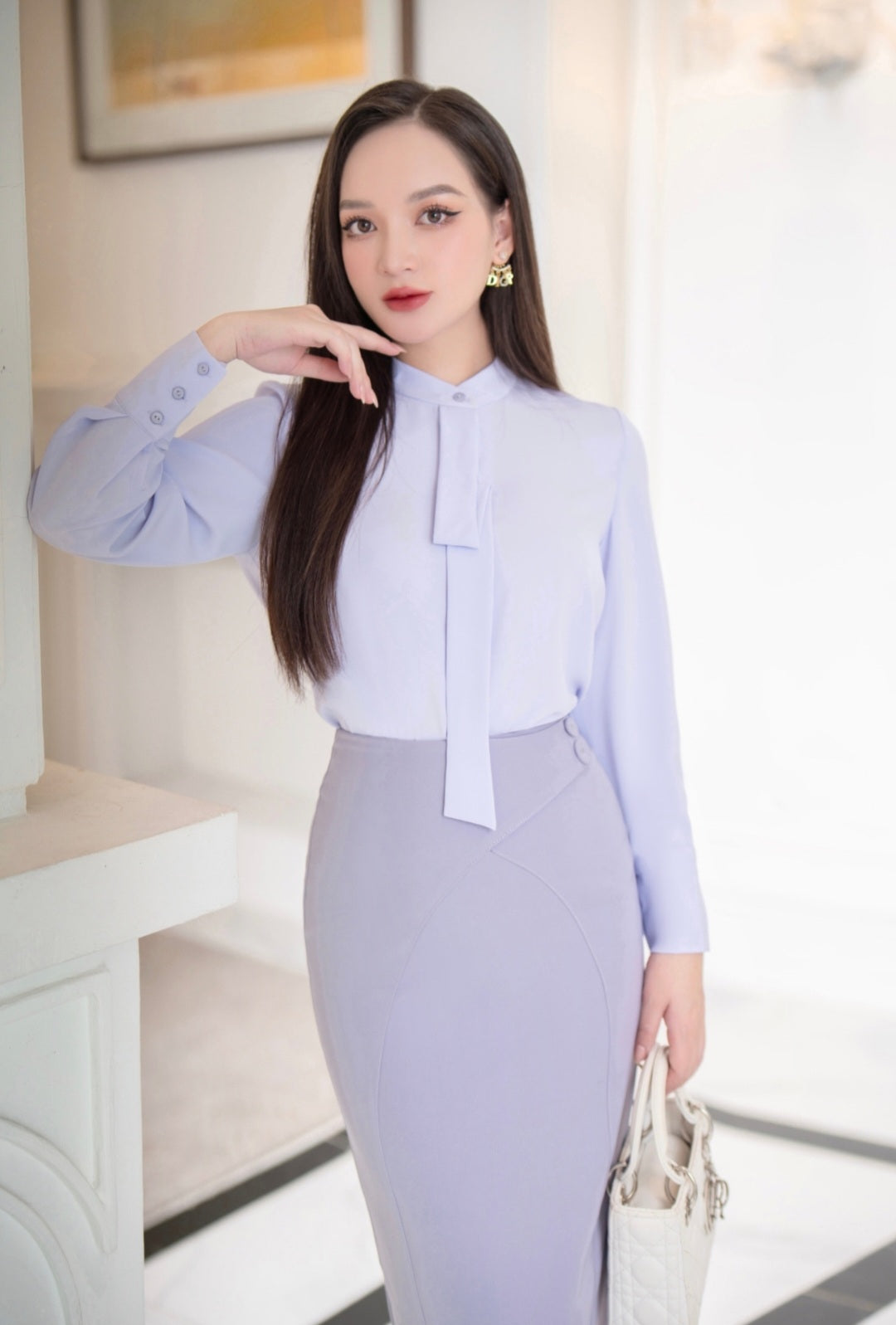 Tie-Neck Statement Blouse with Gathered Cuffs