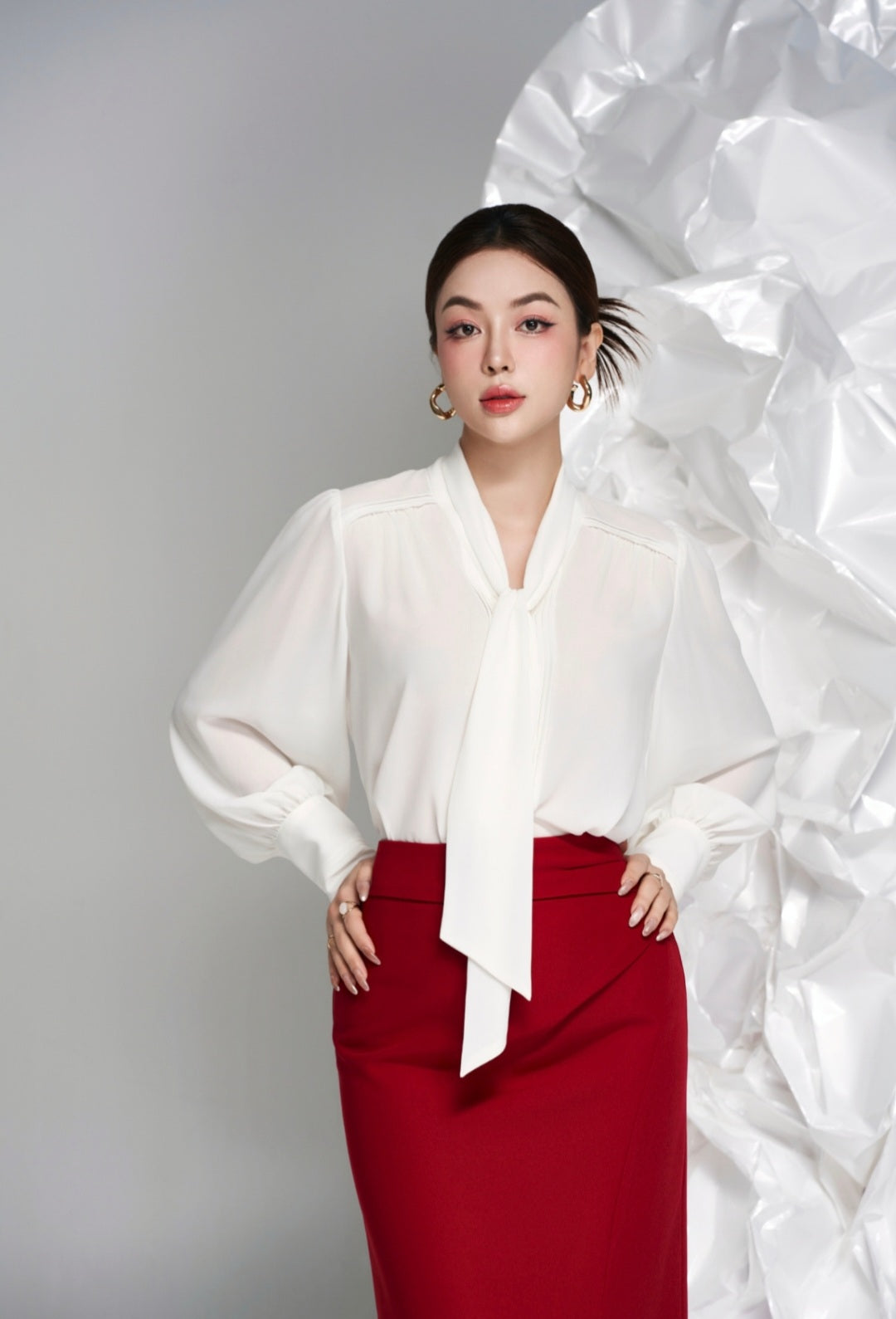 Soft Pleated Scarf Neck Blouse with Vintage Cuff Detail
