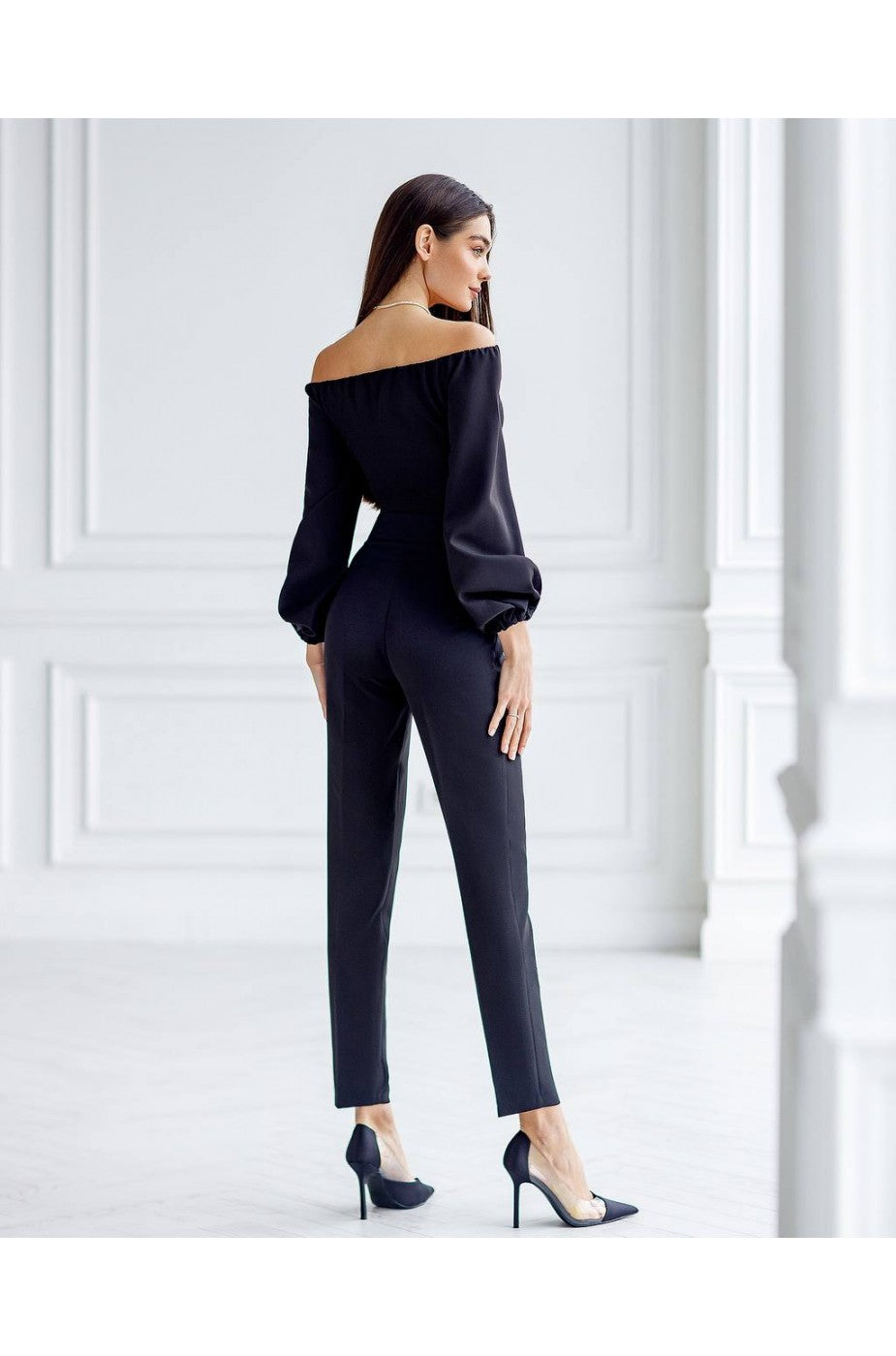 Black off-shoulder crop top with puff sleeves for women