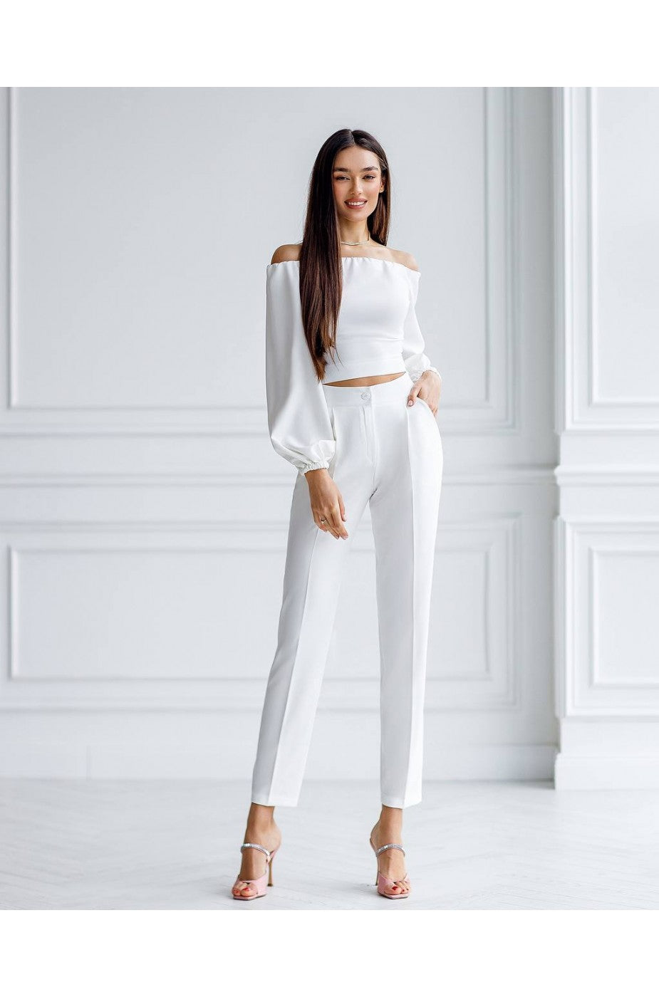 White off-shoulder crop top with puff sleeves for women