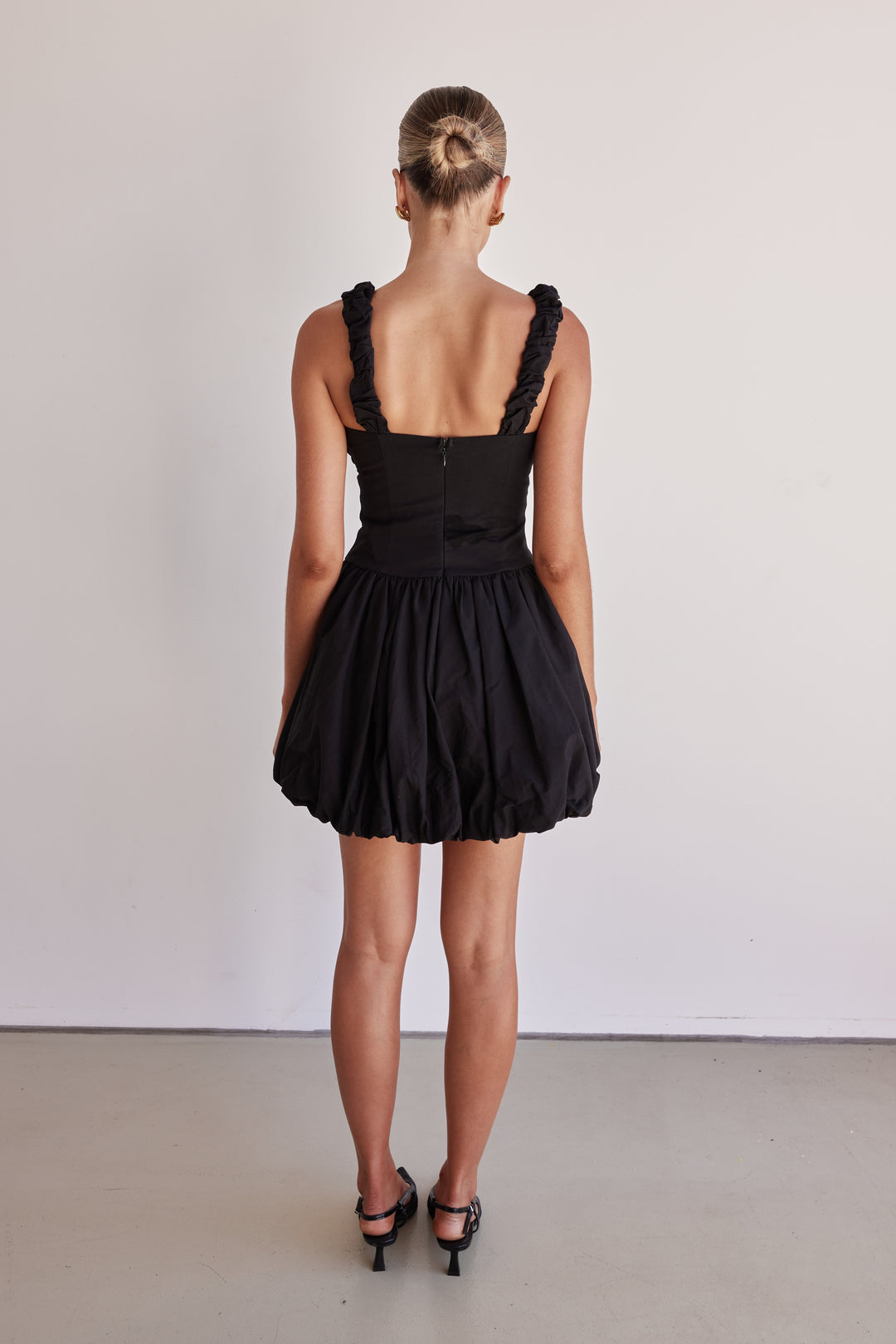 Black cotton poplin bubble mini dress with ruched straps